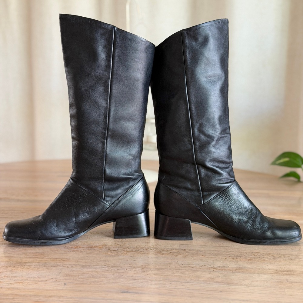 Vtg 90s Tuscan Black Leather Square Toe Low Block Heel Slouch Boots Women 7.5M - Picture 5 of 7